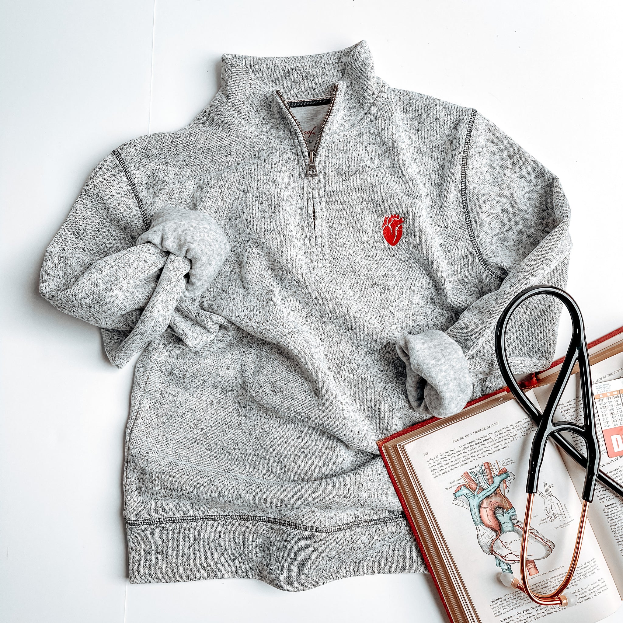 Embroidered Heart Quarter-Zip Pullover - Medthusiast